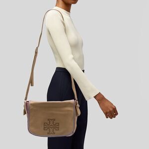 Tory Burch Harper Stripe Tan Pebbled Leather Messenger Bag